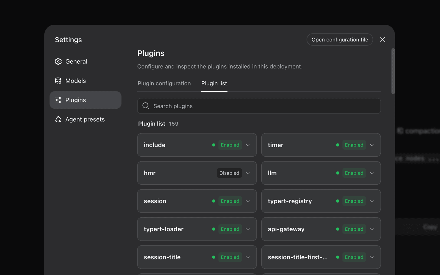 Settings Plugins list with 159 installed rows, including llm, session, and api-gateway